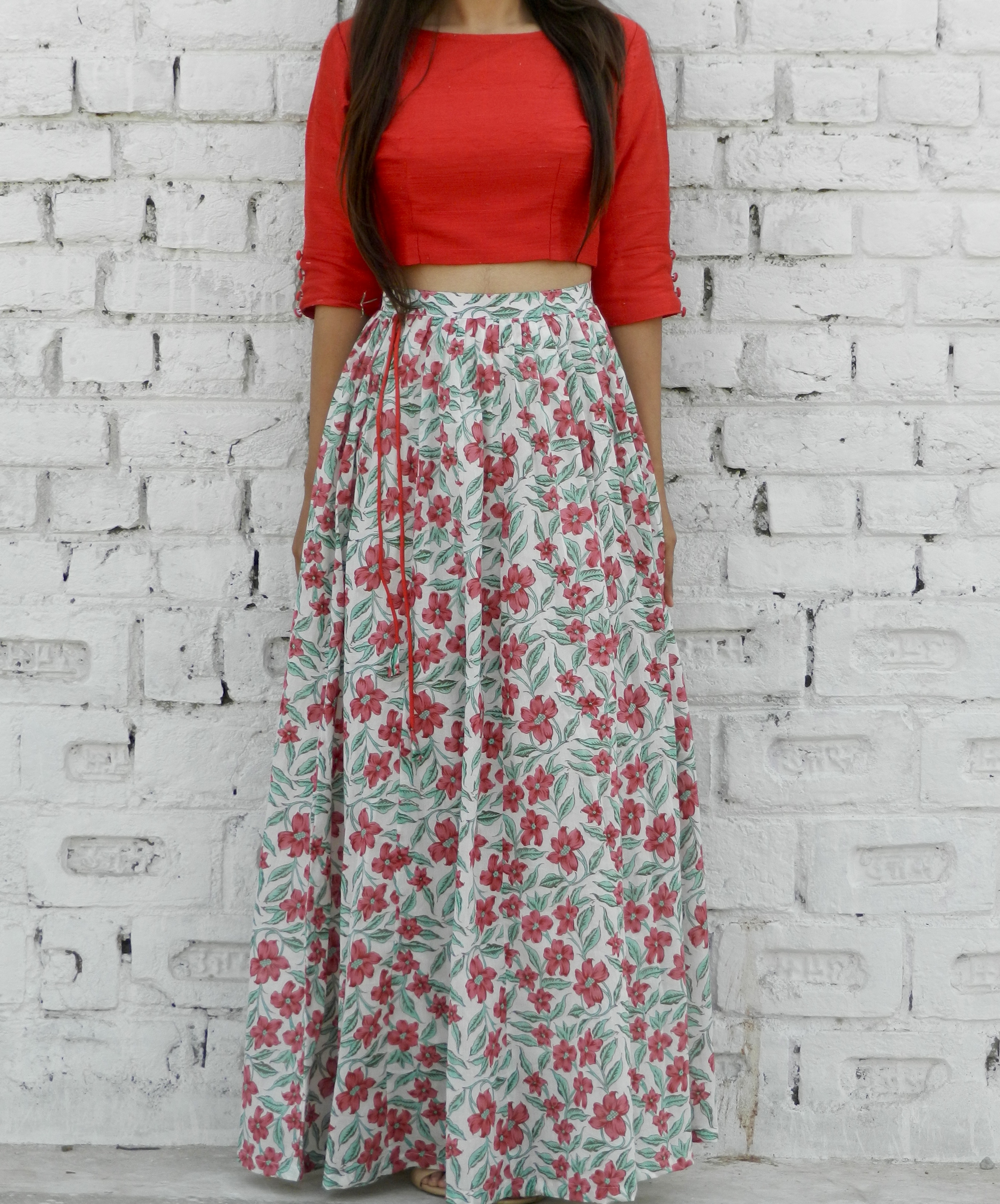 Raw silk top and red lily skirt set by Alaya | The Secret Label