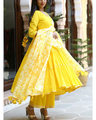 Yellow Layered Kurta Set With Dupatta By Ghoomar Jaipur The Secret Label