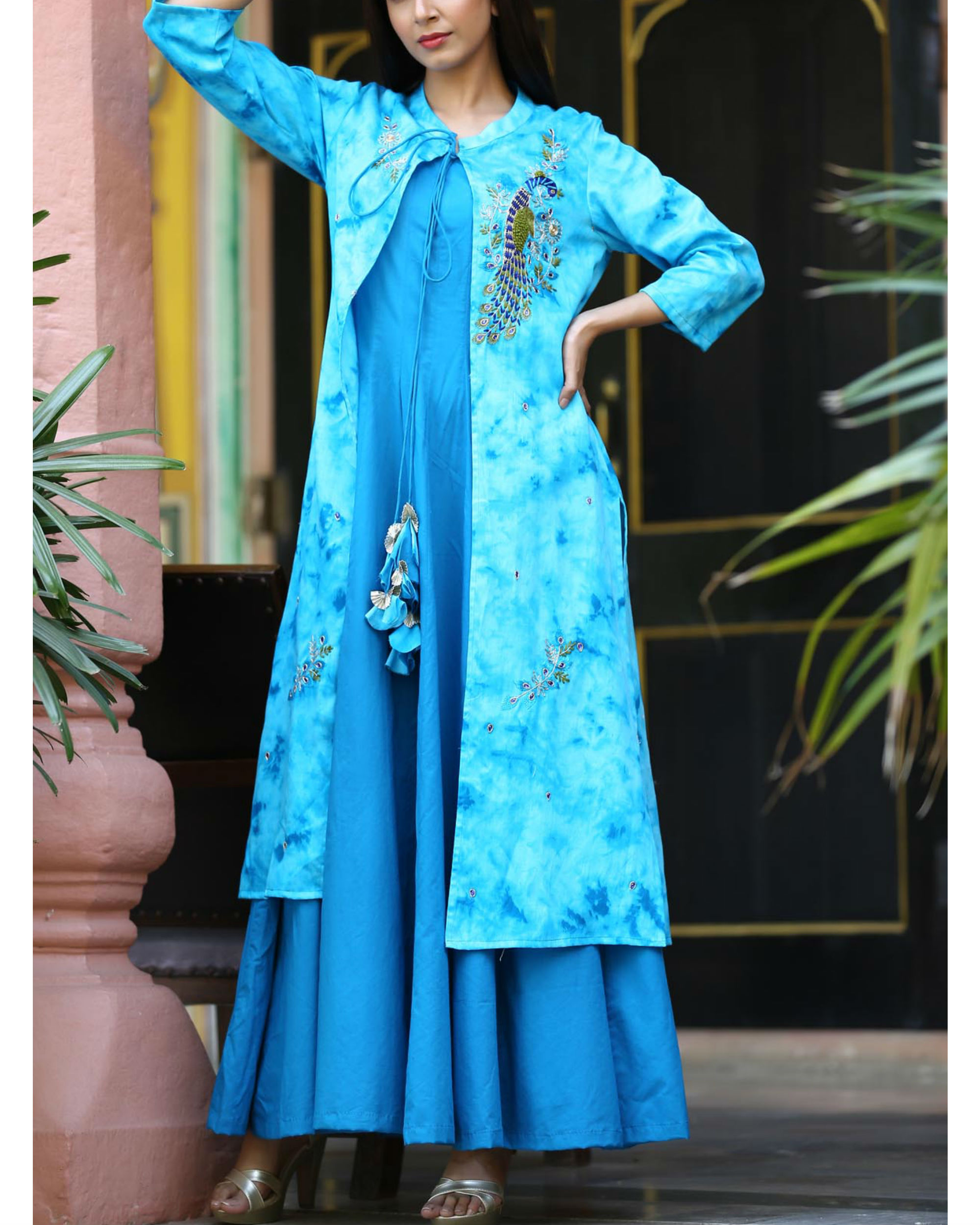 Blue flared dress with tie dye cape by Ghoomar Jaipur The Secret Label