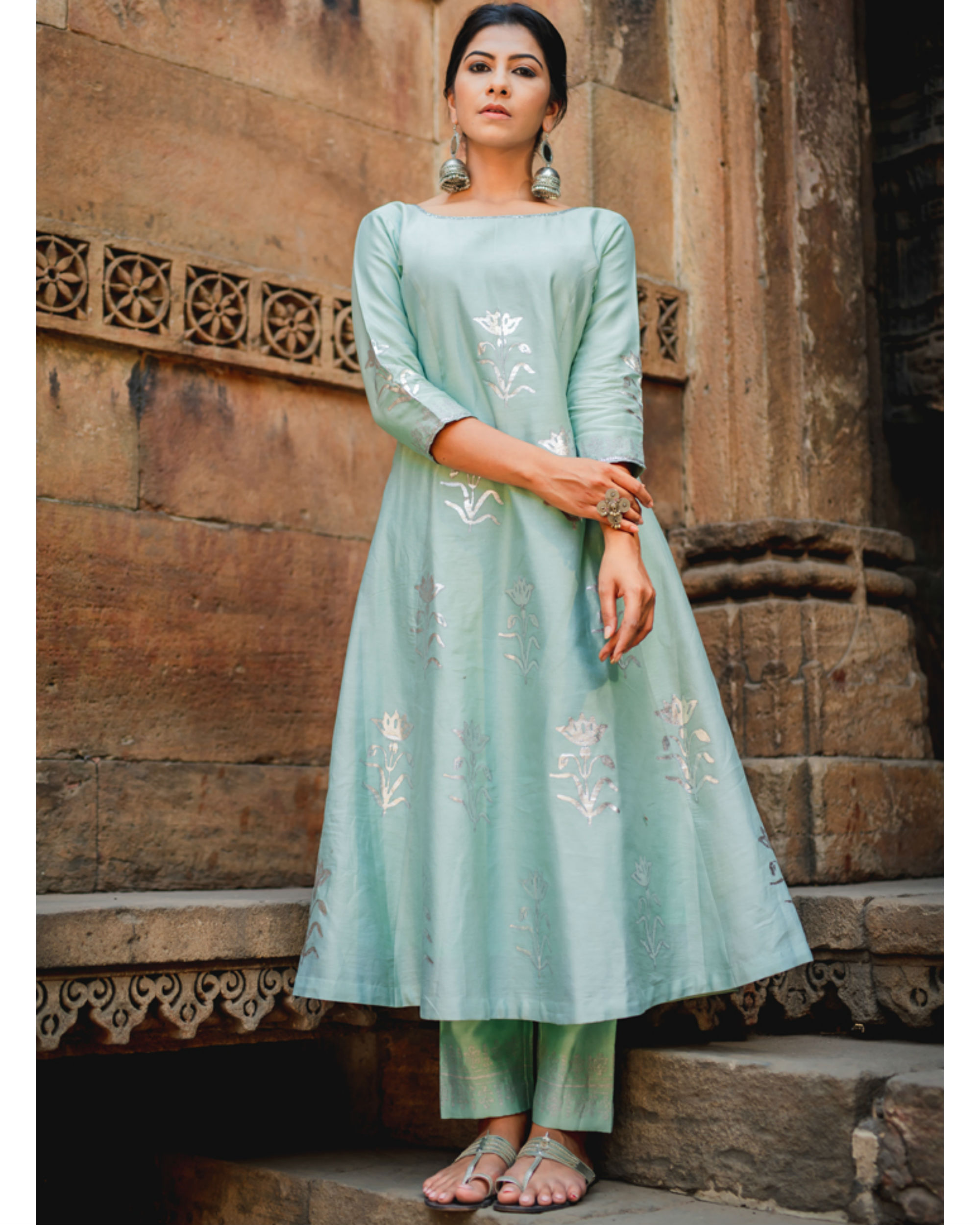 Mint green printed kurta pant set by Purple Panchi The Secret Label