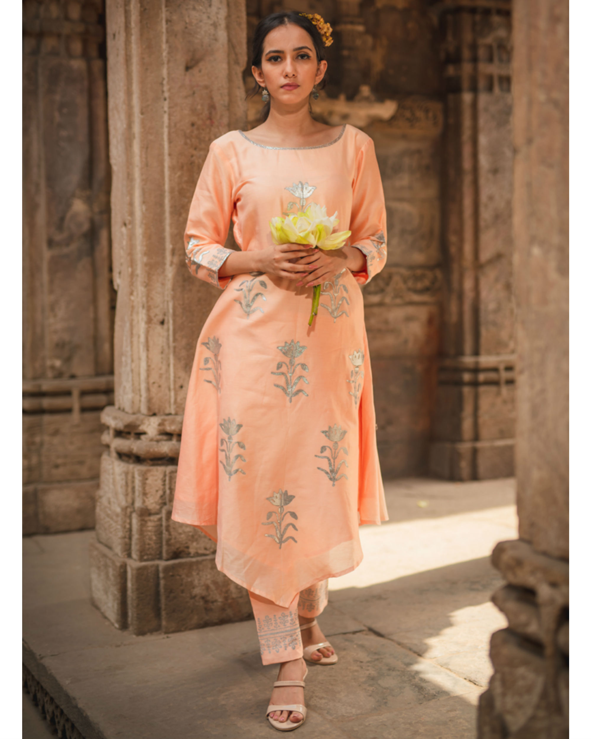 Peach Floral Kurta Pant Set By Purple Panchi The Secret Label 8153