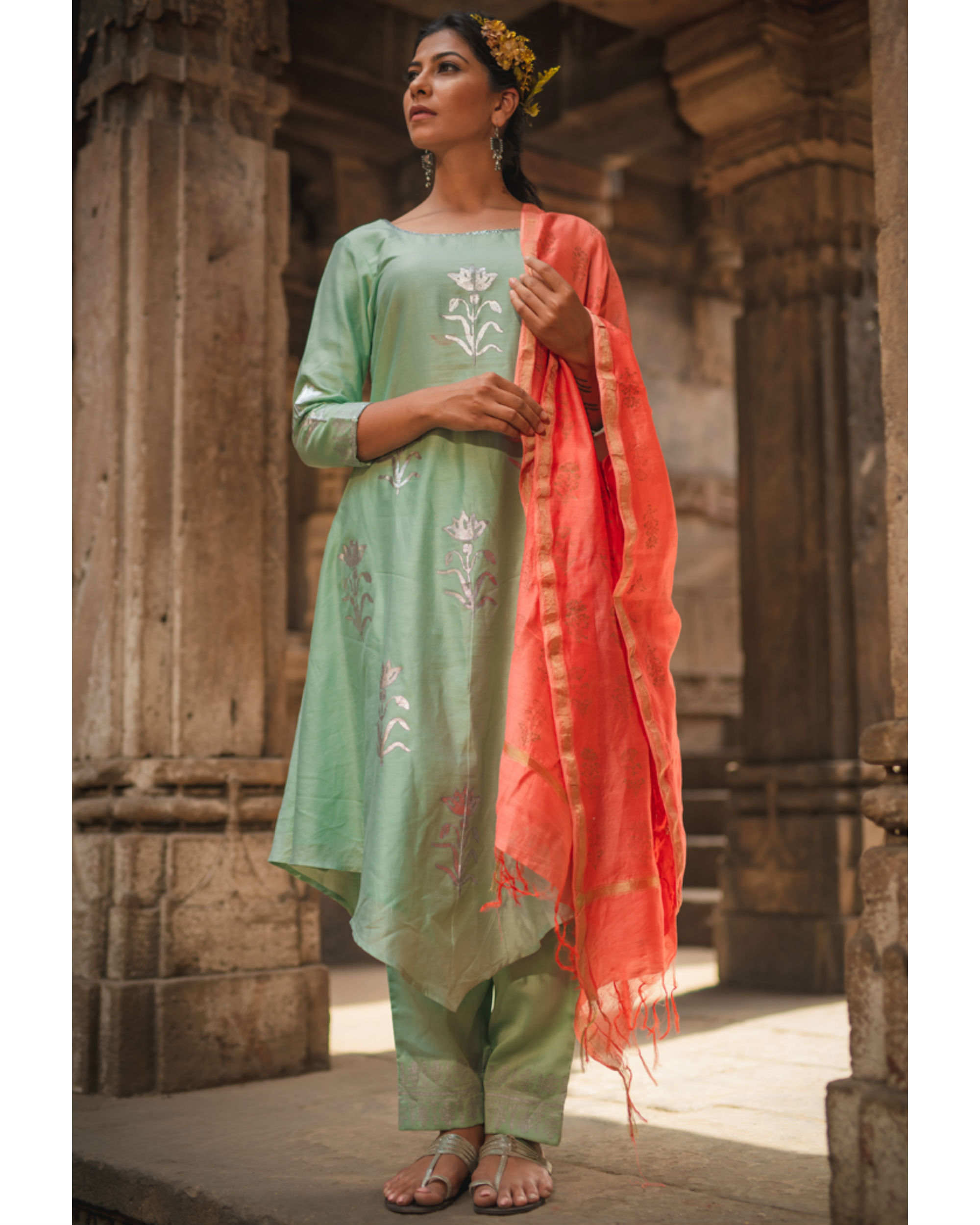 Mint green floral set with dupatta by Purple Panchi The Secret Label