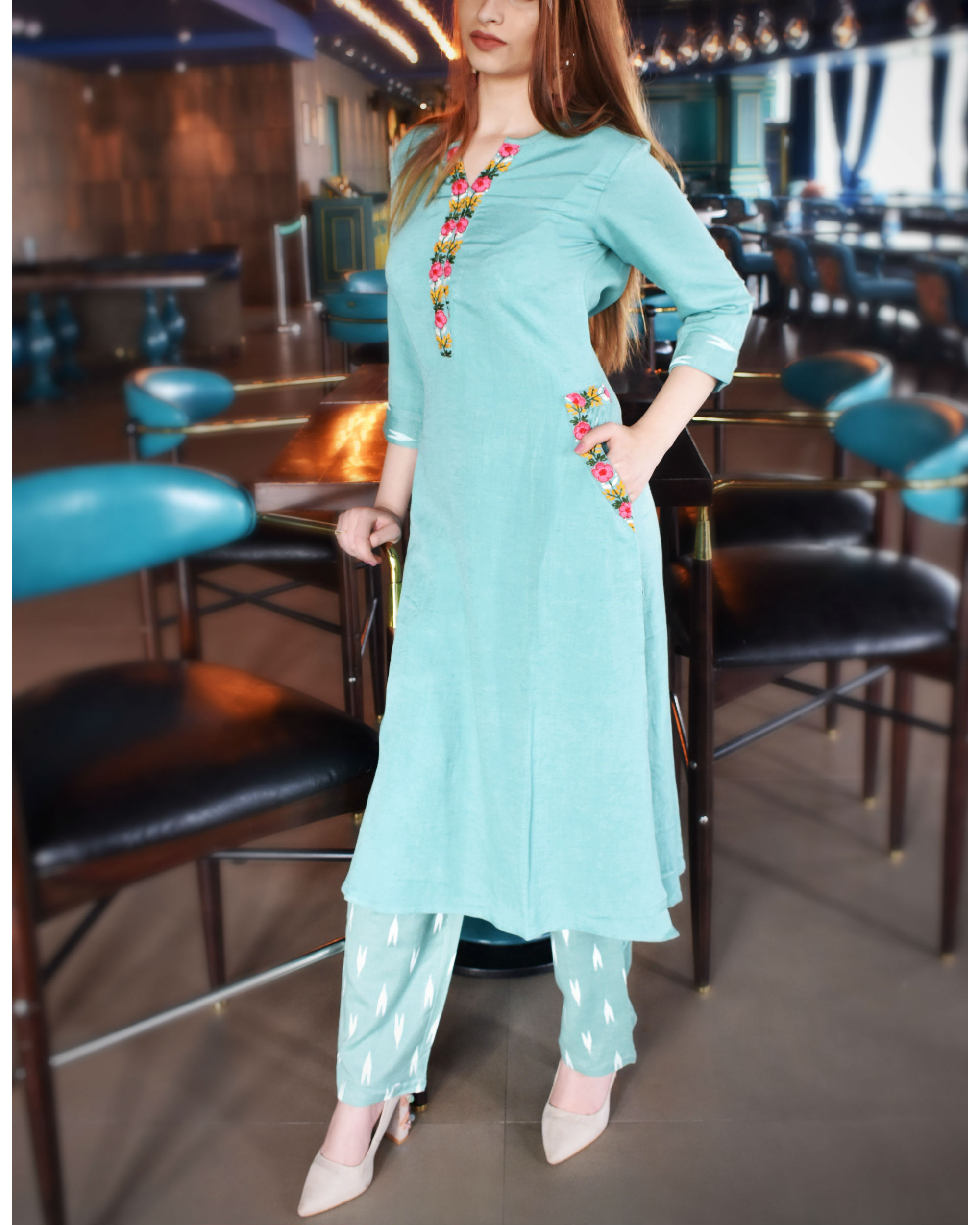 Pastel blue kurta with ikat pants by Dorii The Secret Label