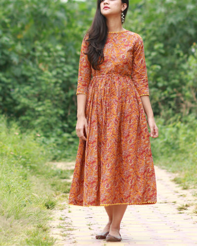 Red and yellow print dress by Threeness | The Secret Label