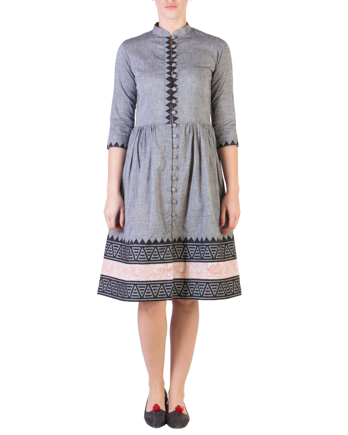 Grey mangalgiri dress with printed borders by ANS | The Secret Label