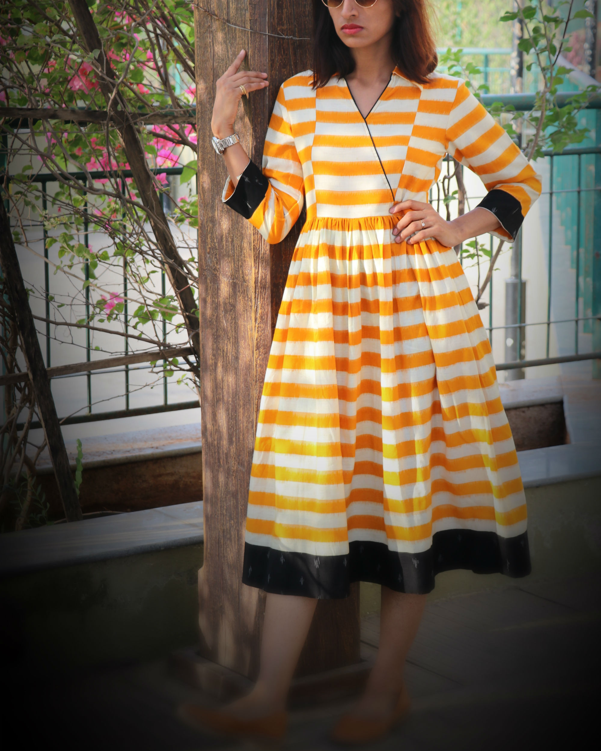mustard and white outfit