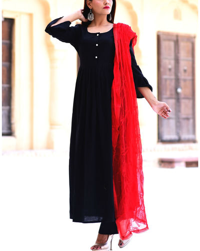 Red Cotton Handwork Unstitched Salwar Suit | Leemboodi