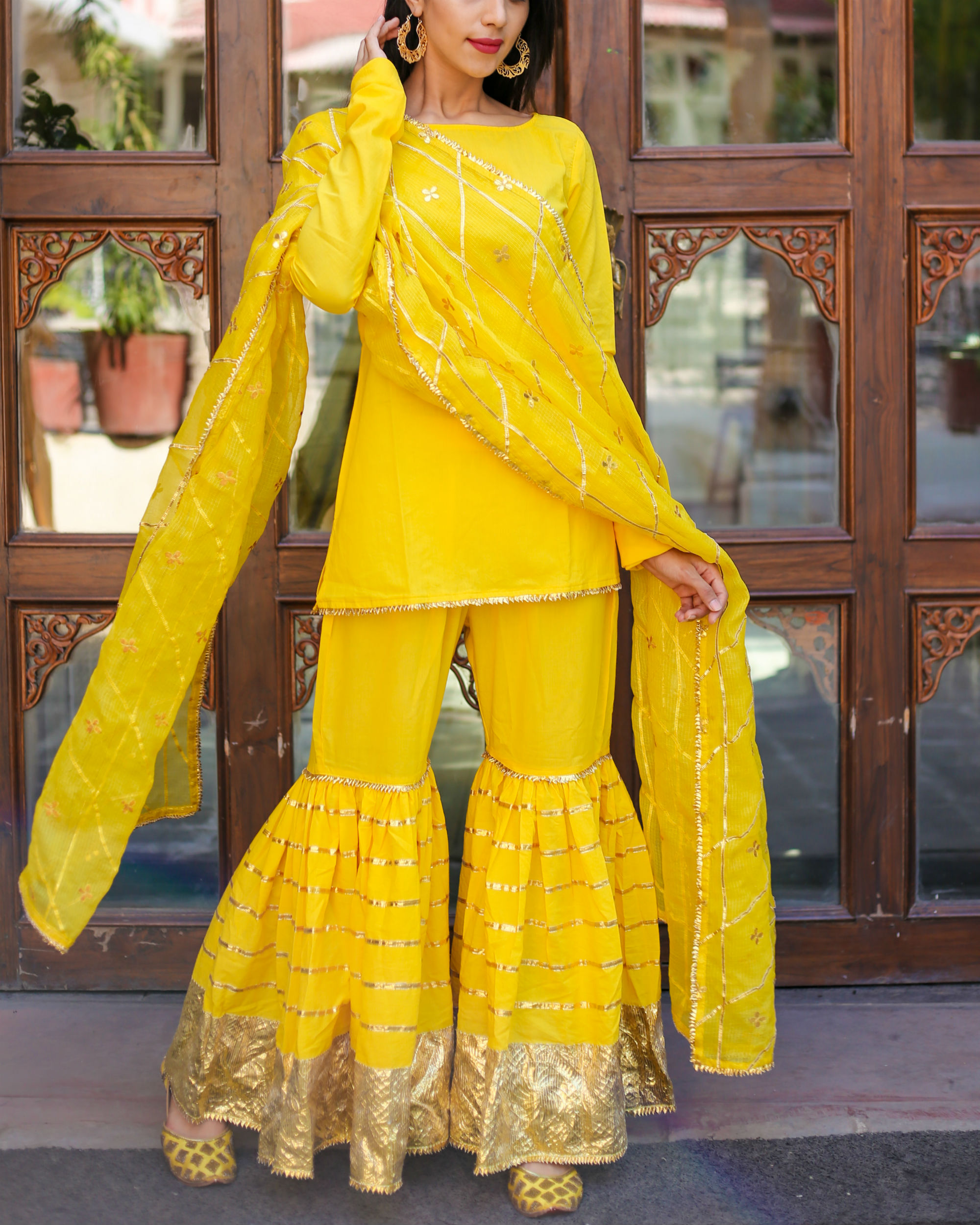 Buy Haldi Functional Yellow Color Faux Georgette Sharara Suit