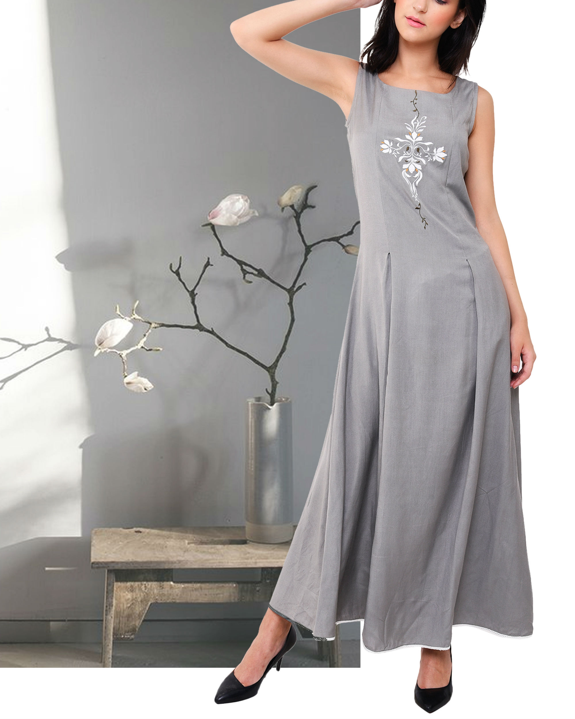 grey embroidered maxi dress