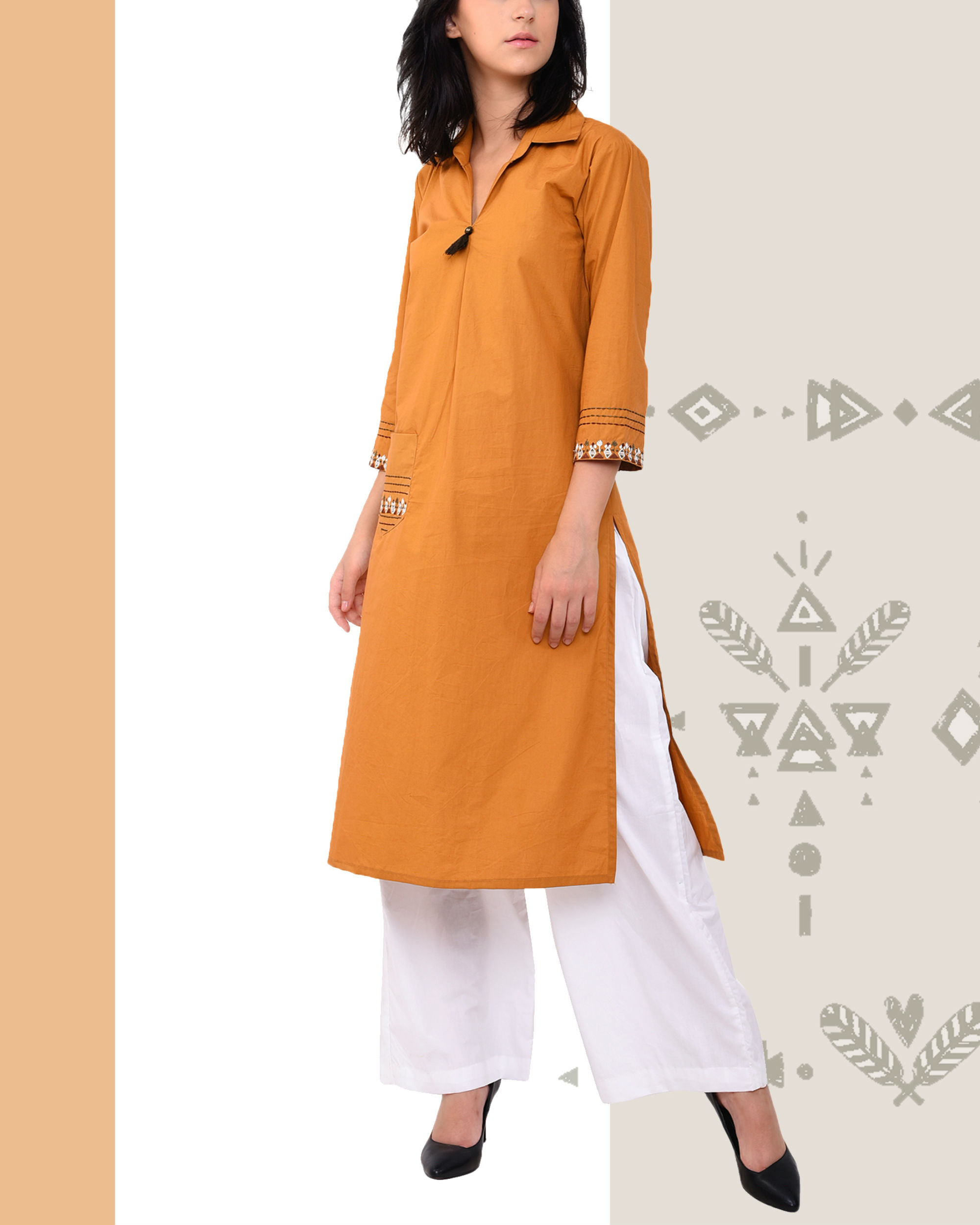 Mustard embroidered straight kurta set by Vritta The Secret Label
