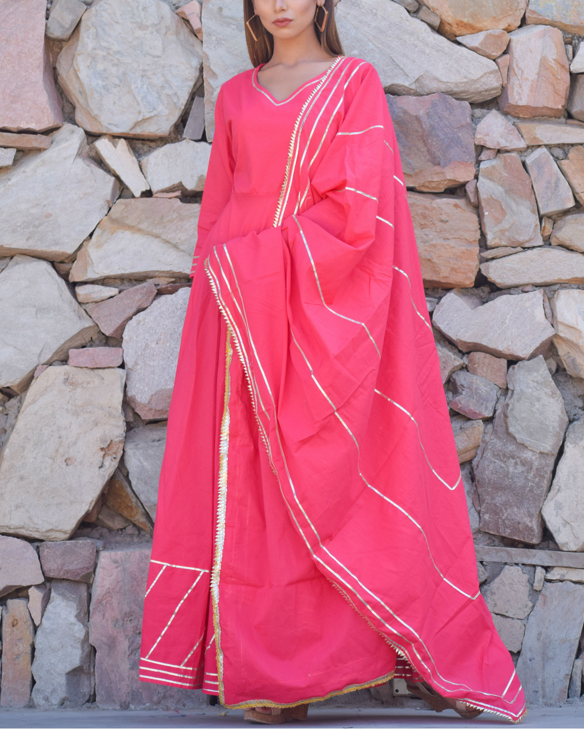 Pink gota dress with pink dupatta by Chokhi Bandhani | The Secret Label