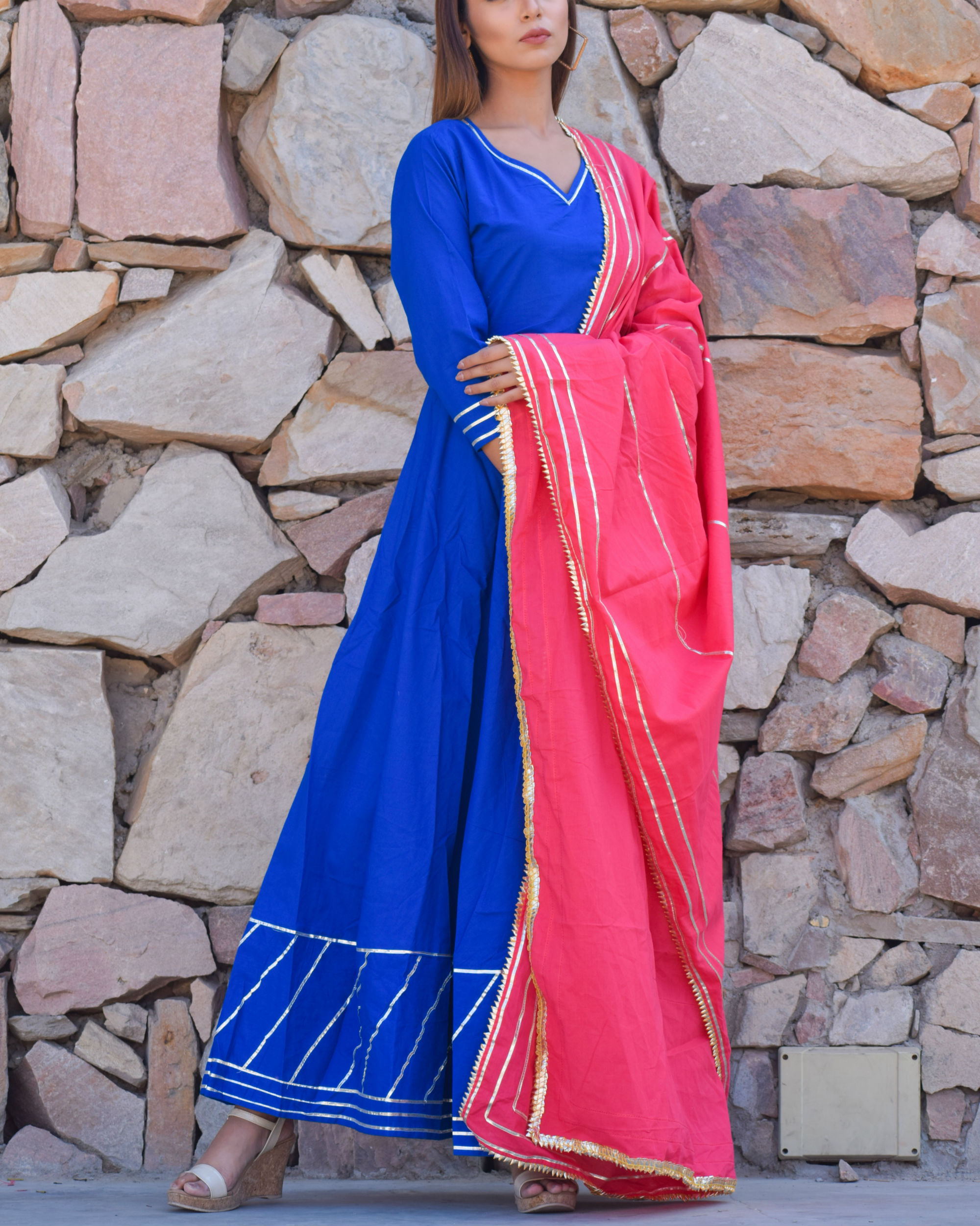Blue gota dress with pink dupatta by Chokhi Bandhani | The Secret Label