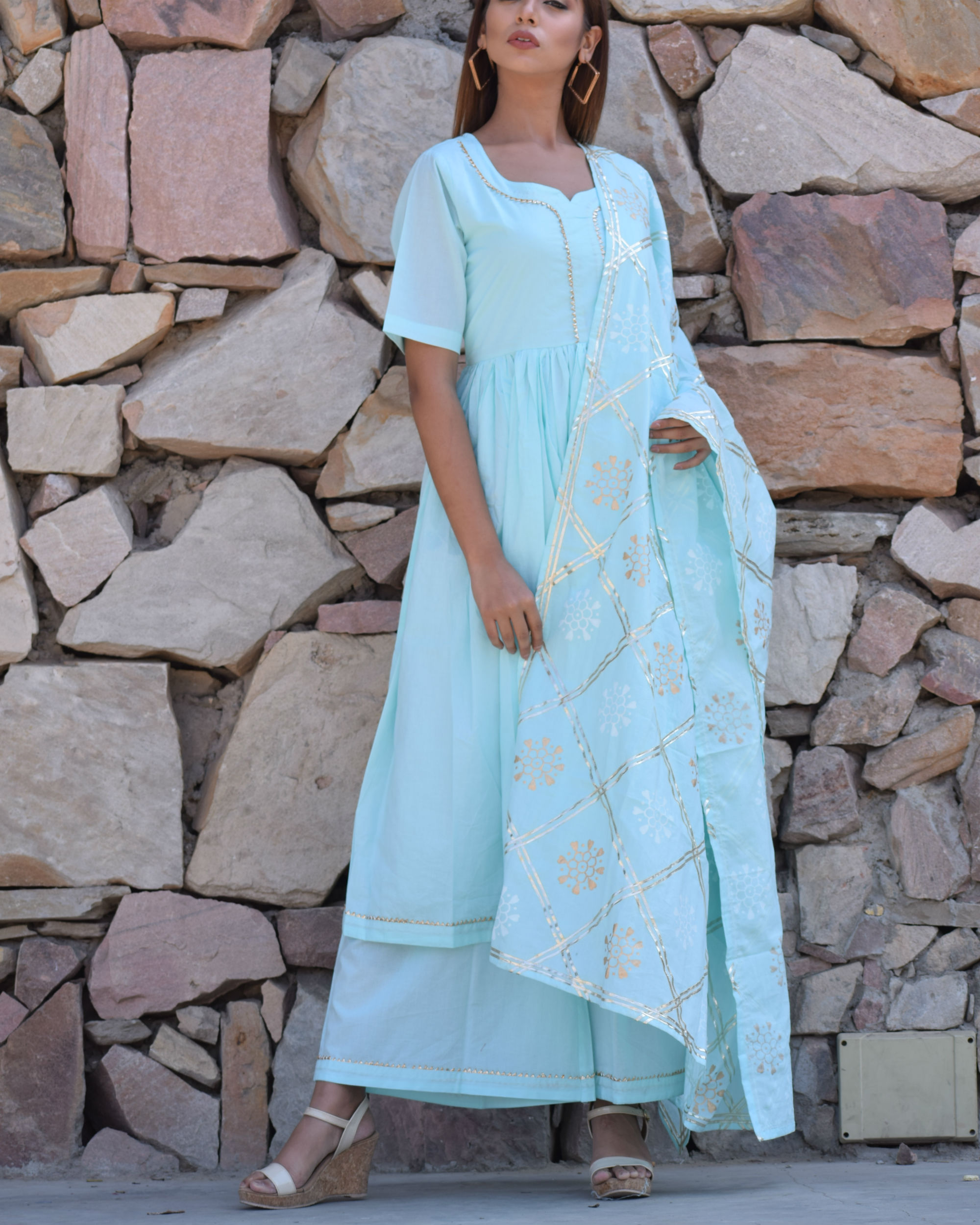 Powder blue gathered kurta set with blue dupatta by Chokhi Bandhani