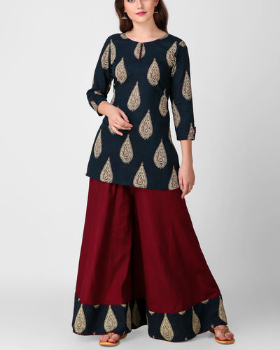 Blue kalamkari top with palazzos by Simply Kitsch | The Secret Label