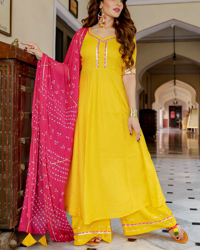 Yellow kurta set with bandhani dupatta by Floral Tales | The Secret Label