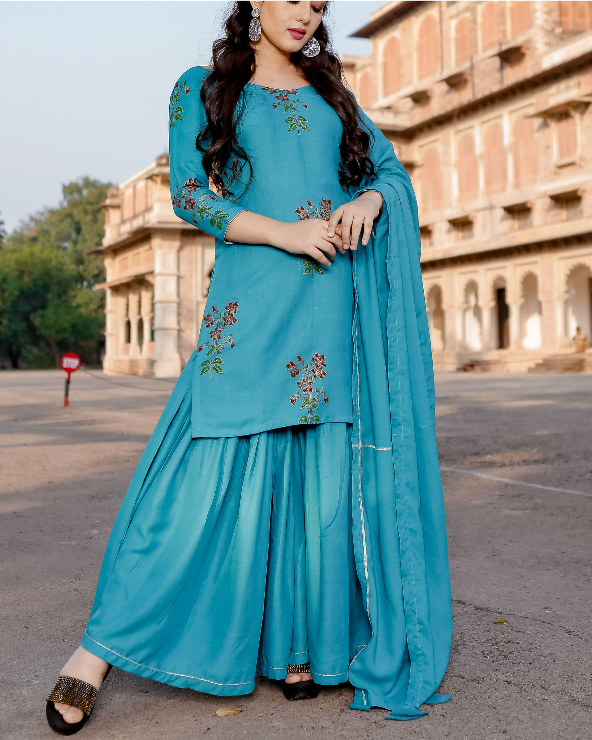 Teal blue printed sharara set by Floral Tales | The Secret Label