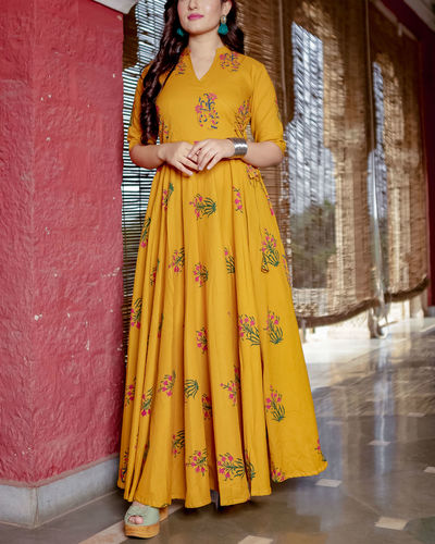 Daffodil angrakha handprinted dress by Floral Tales | The Secret Label