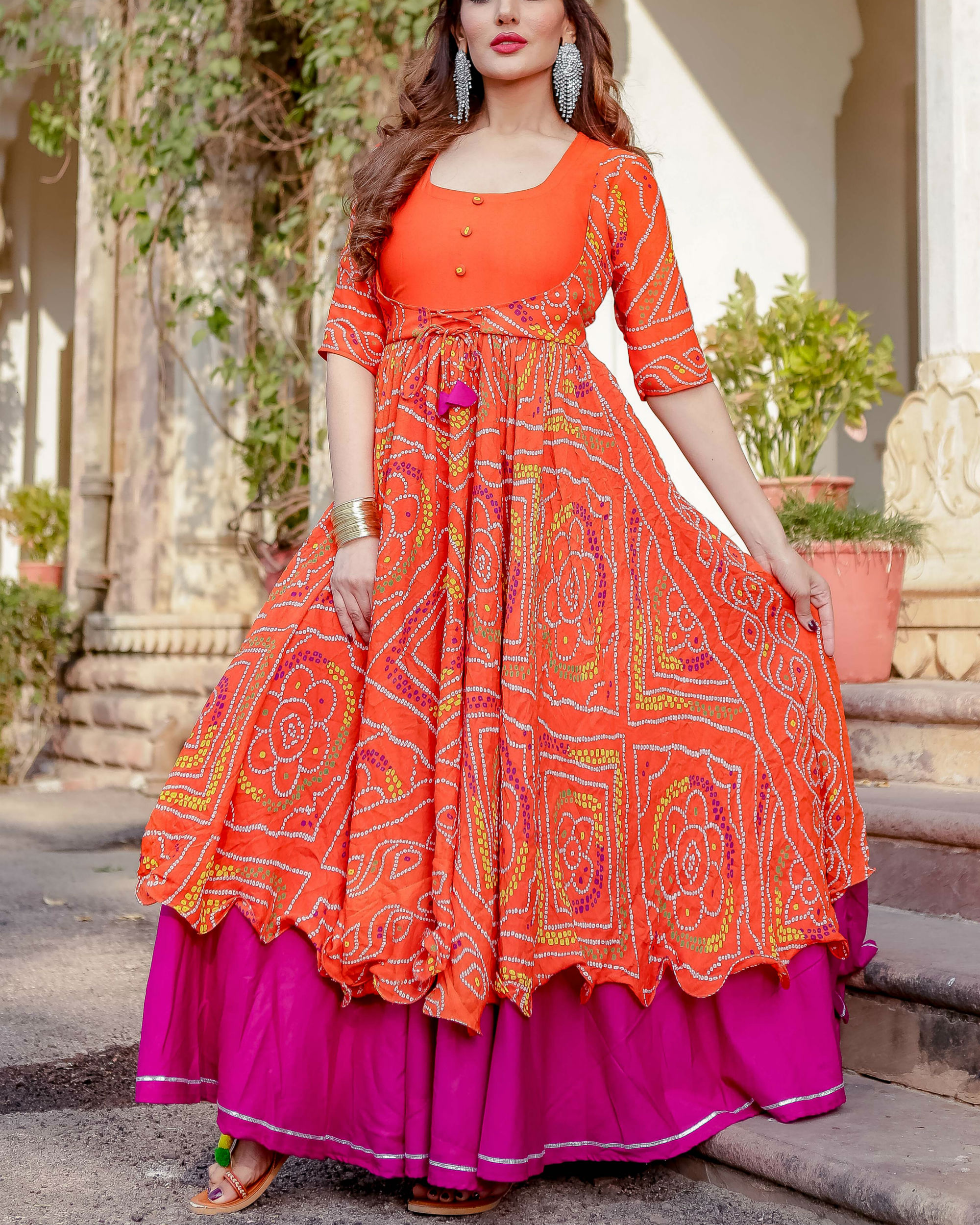 Beautiful bandhani printed Chiffon-Silk Long Kurti set. | Bandhani dress,  Dresses, Lehenga saree design