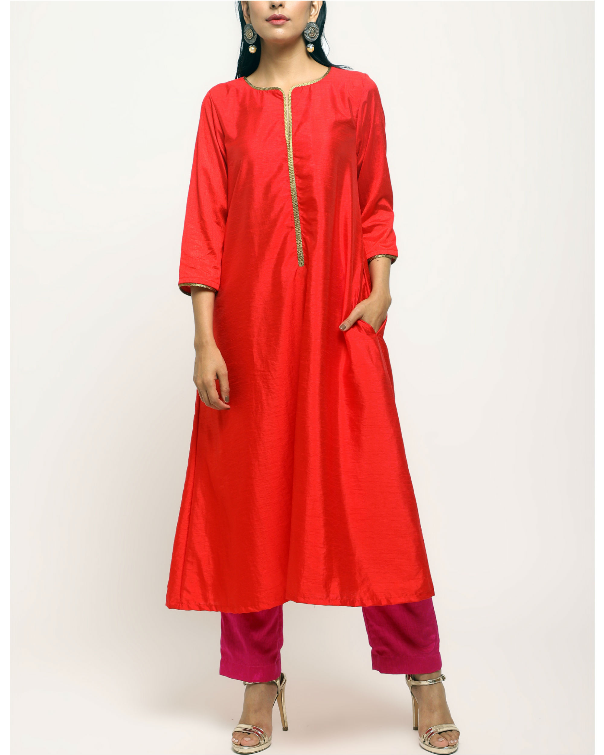 Orange Golden lace kurta set by trueBrowns | The Secret Label