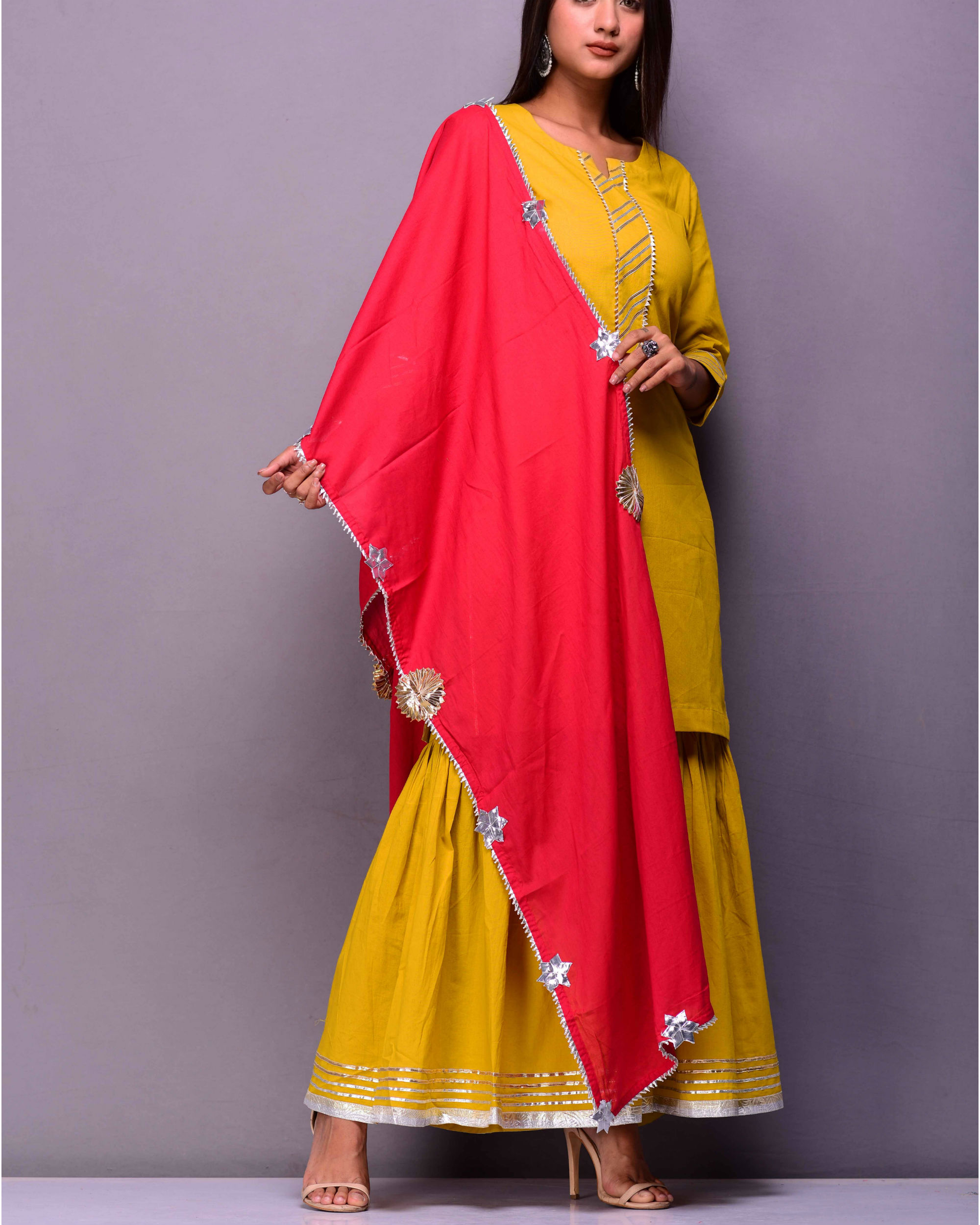 Mustard yellow garara set with dupatta by Kiswah Clothing The Secret