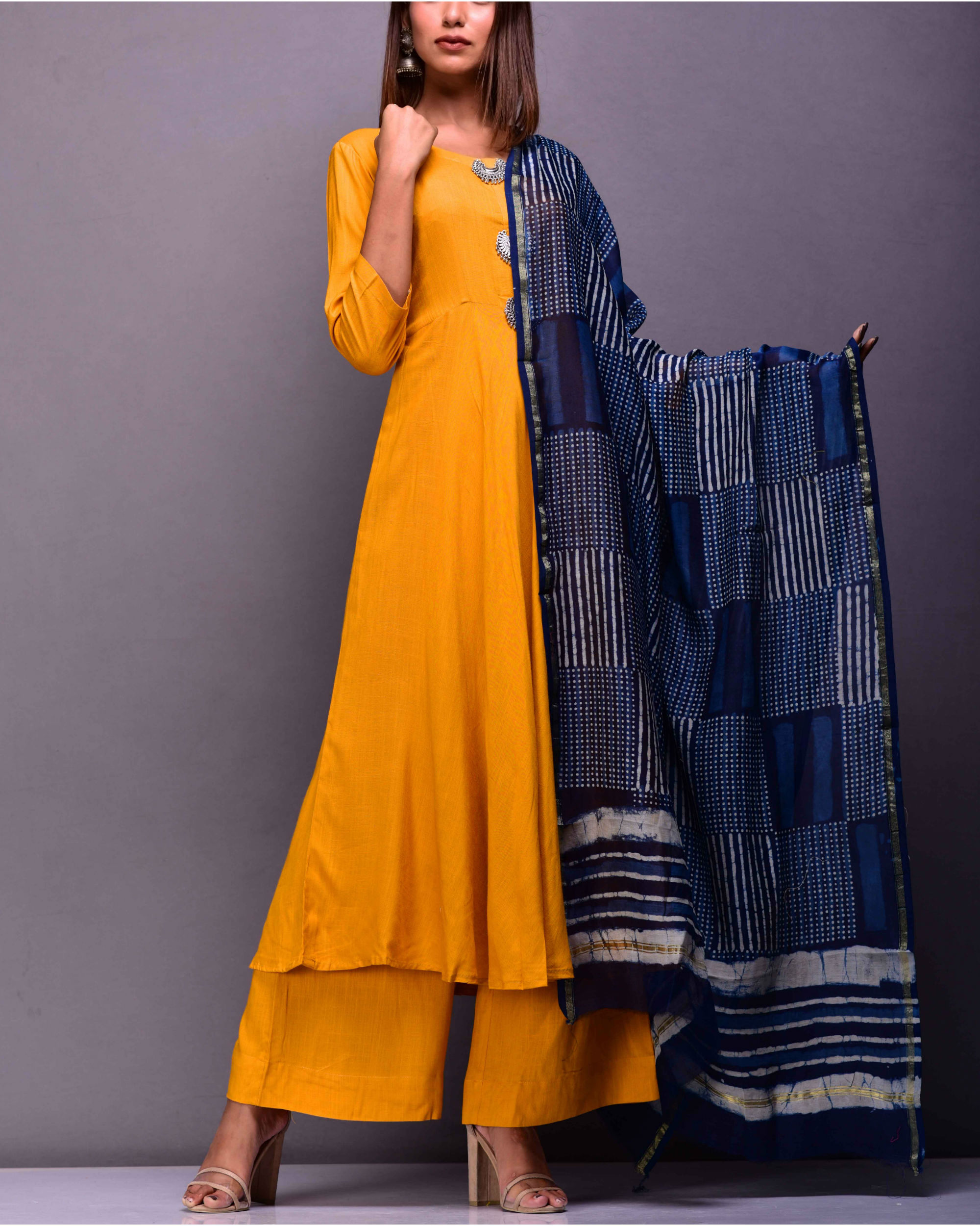 Mustard set with block printed dupatta by Kiswah Clothing The Secret
