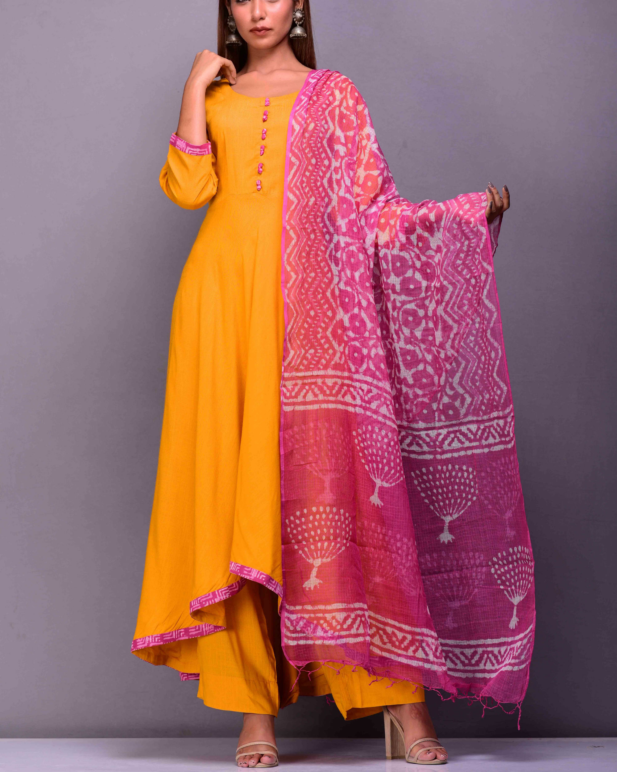 Mustard high low set with pink dupatta by Kiswah Clothing | The Secret ...