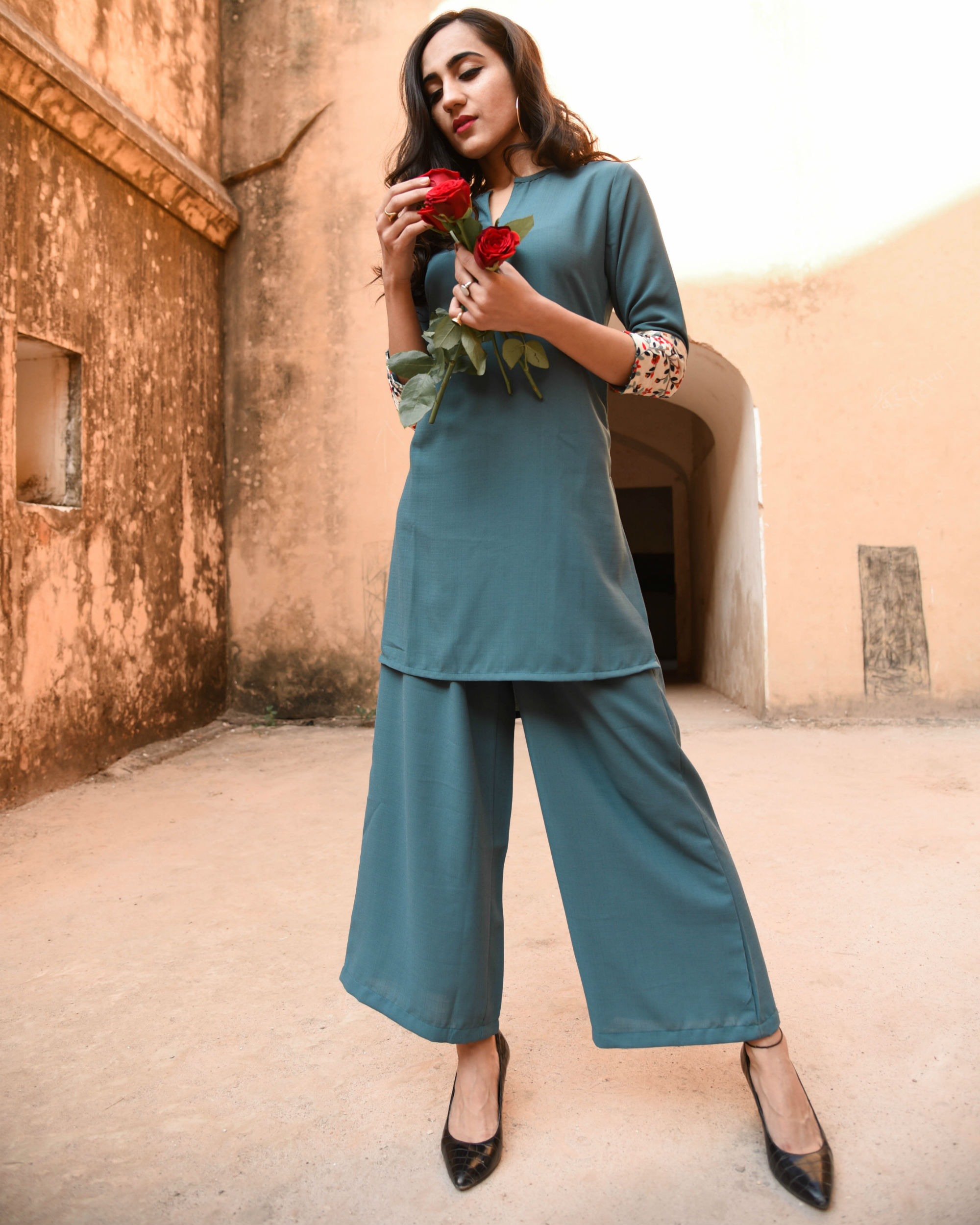 Embroidered patch sleeve kurta set by Keva The Secret Label