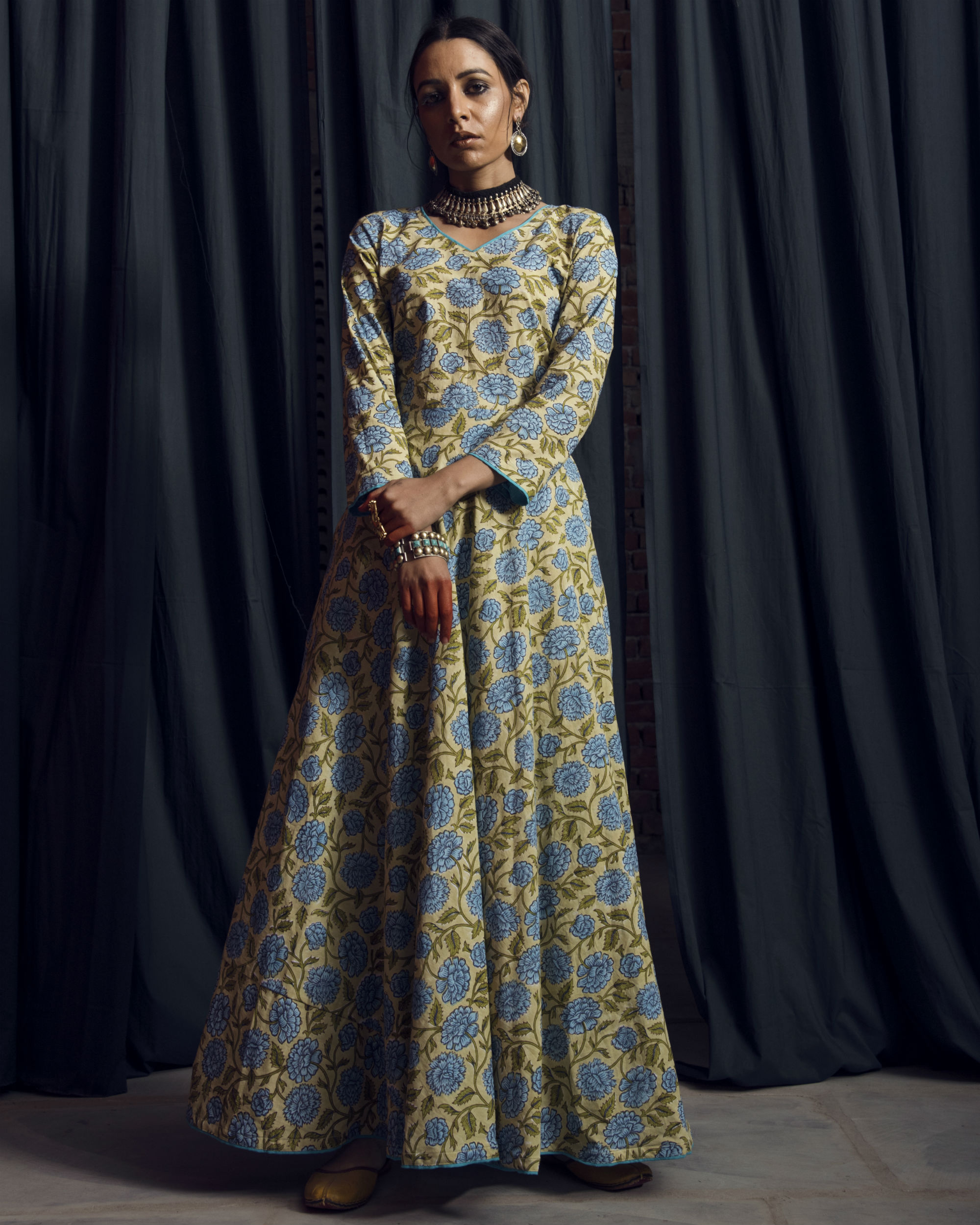 Green and turquoise floral dress by Rivaaj | The Secret Label