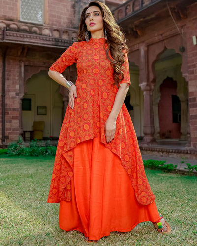 Orange high-low kurta set by Floral Tales | The Secret Label