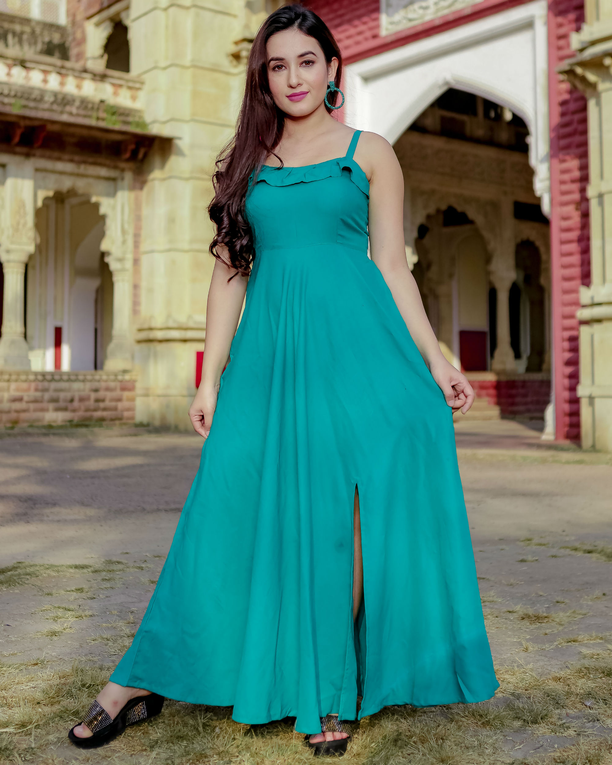 Turquoise frill slit dress by Floral Tales | The Secret Label