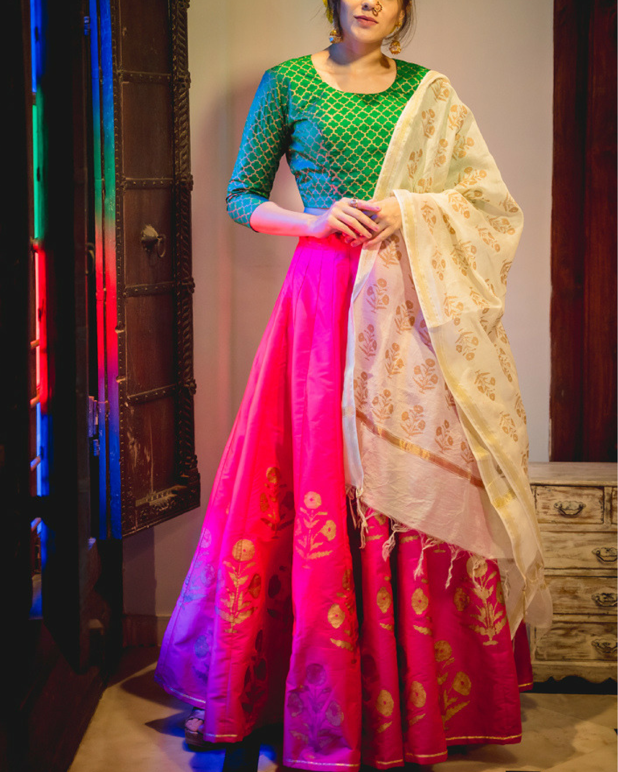 Gaji Silk Lehenga With Blouse And Printed Dupatta-ISKWNAV22084986 |  Ishaanya Fashion