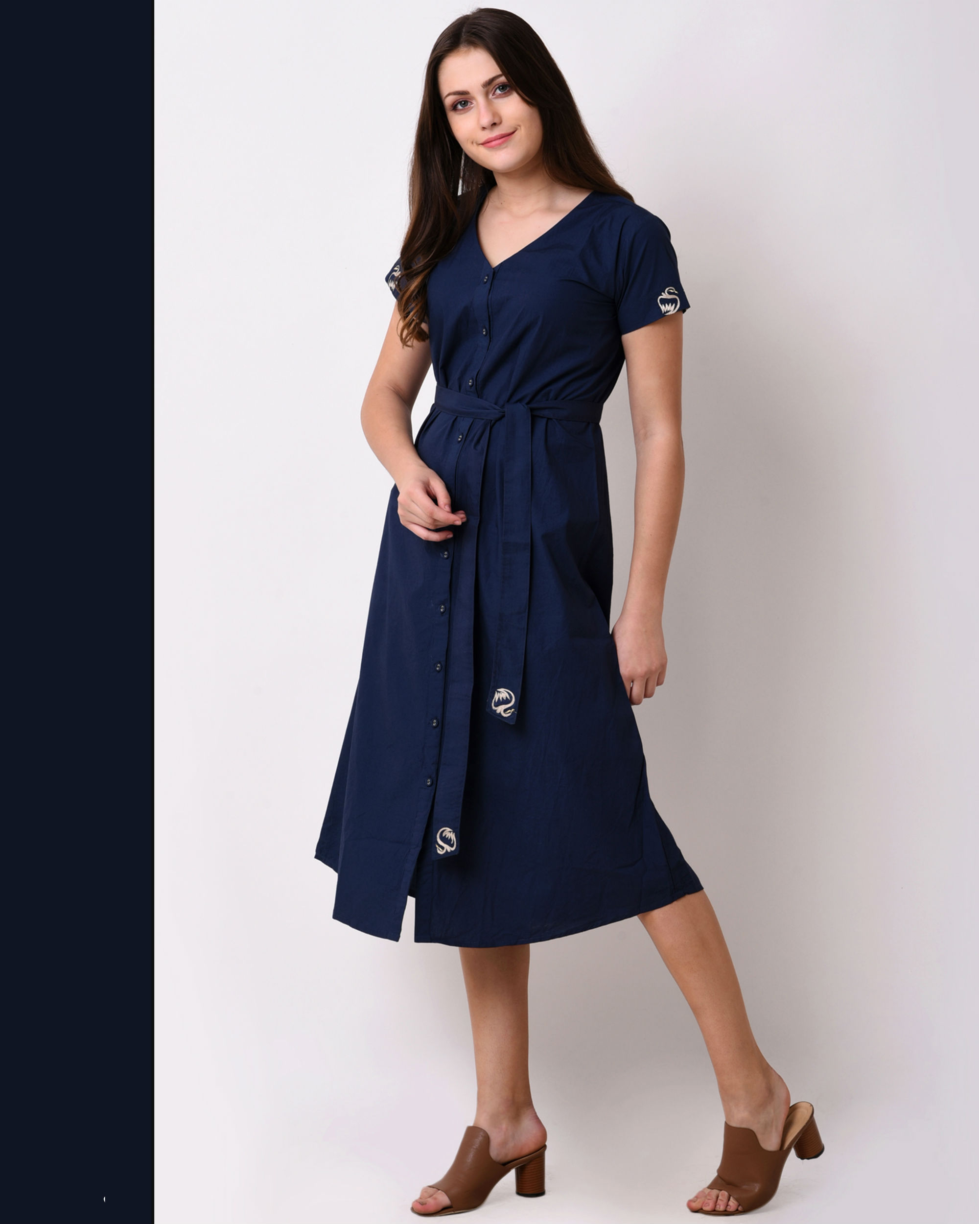 Navy blue embroidered shirt dress by Vritta The Secret Label