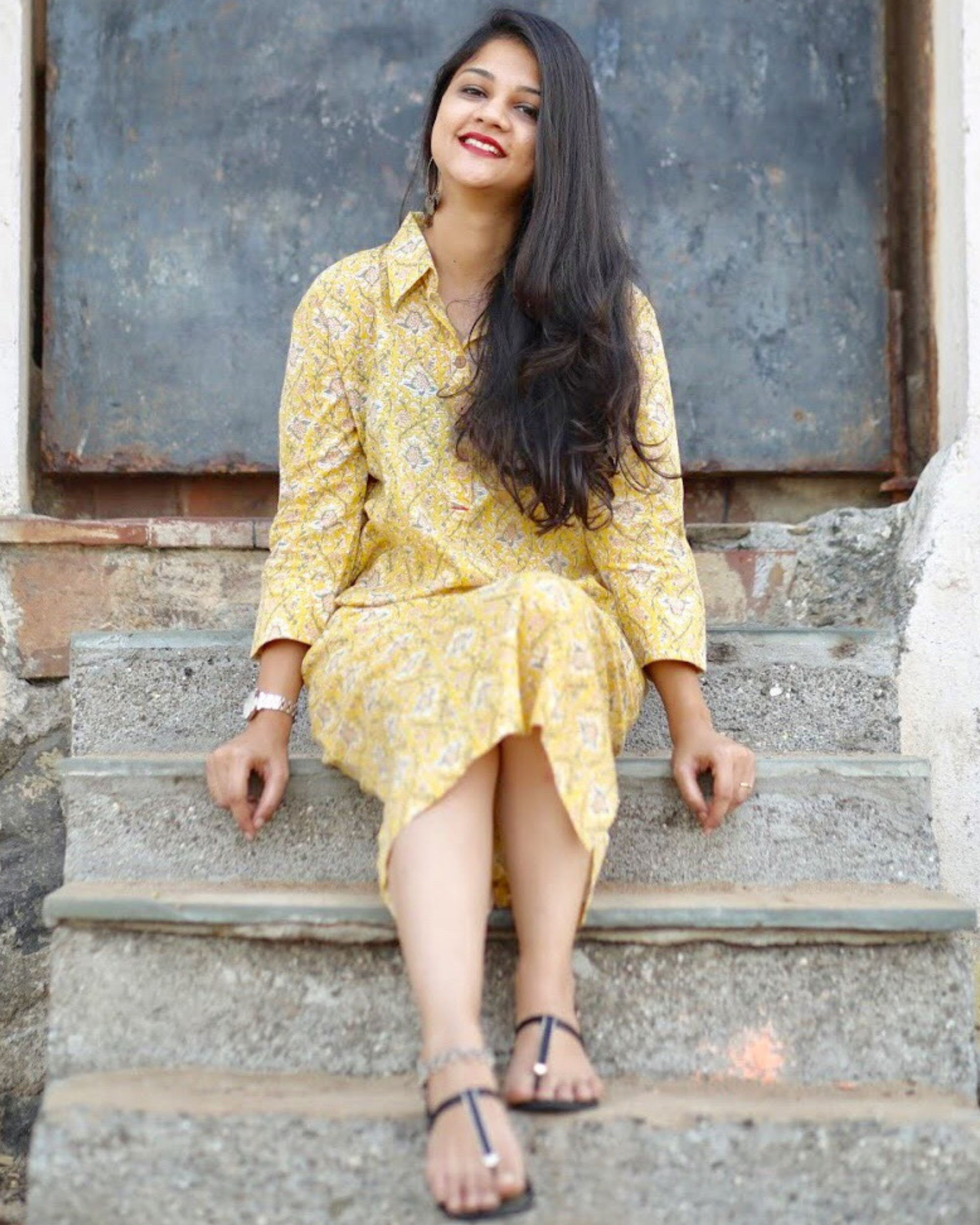 Yellow printed midi dress by Threeness | The Secret Label