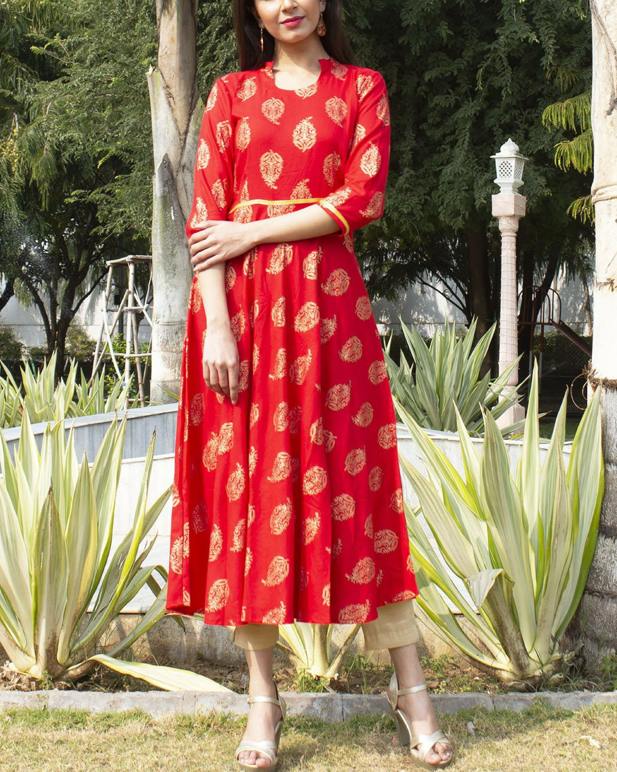 Women Red Chiffon Printed Dupatta Palazzo Kurta Naira Cut Kurti Pant Rayon  Dress | eBay
