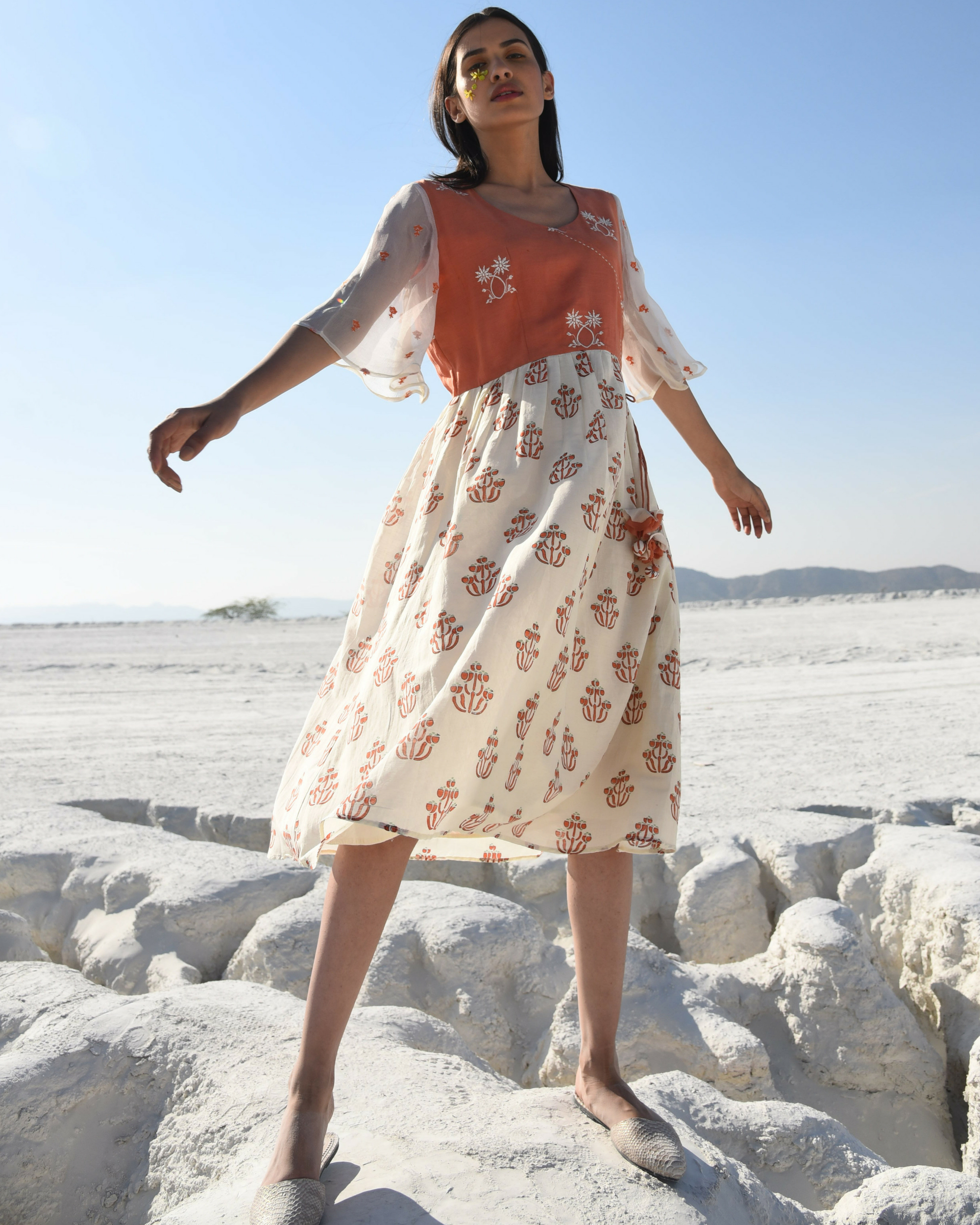 Sheer kantha work rusty dress by Kapraaha | The Secret Label