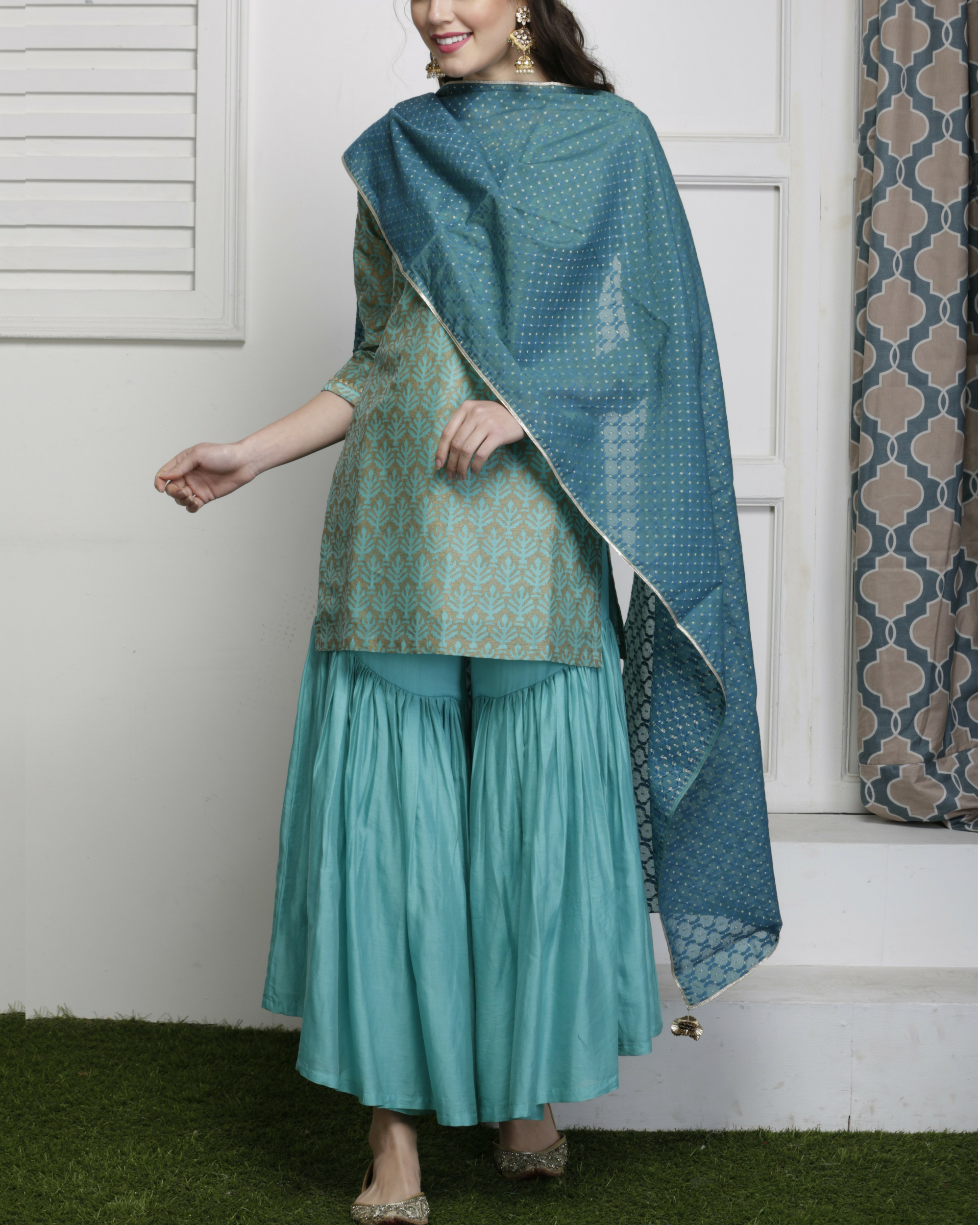 Blue Printed-Embroidered Chanderi Sharara Suit