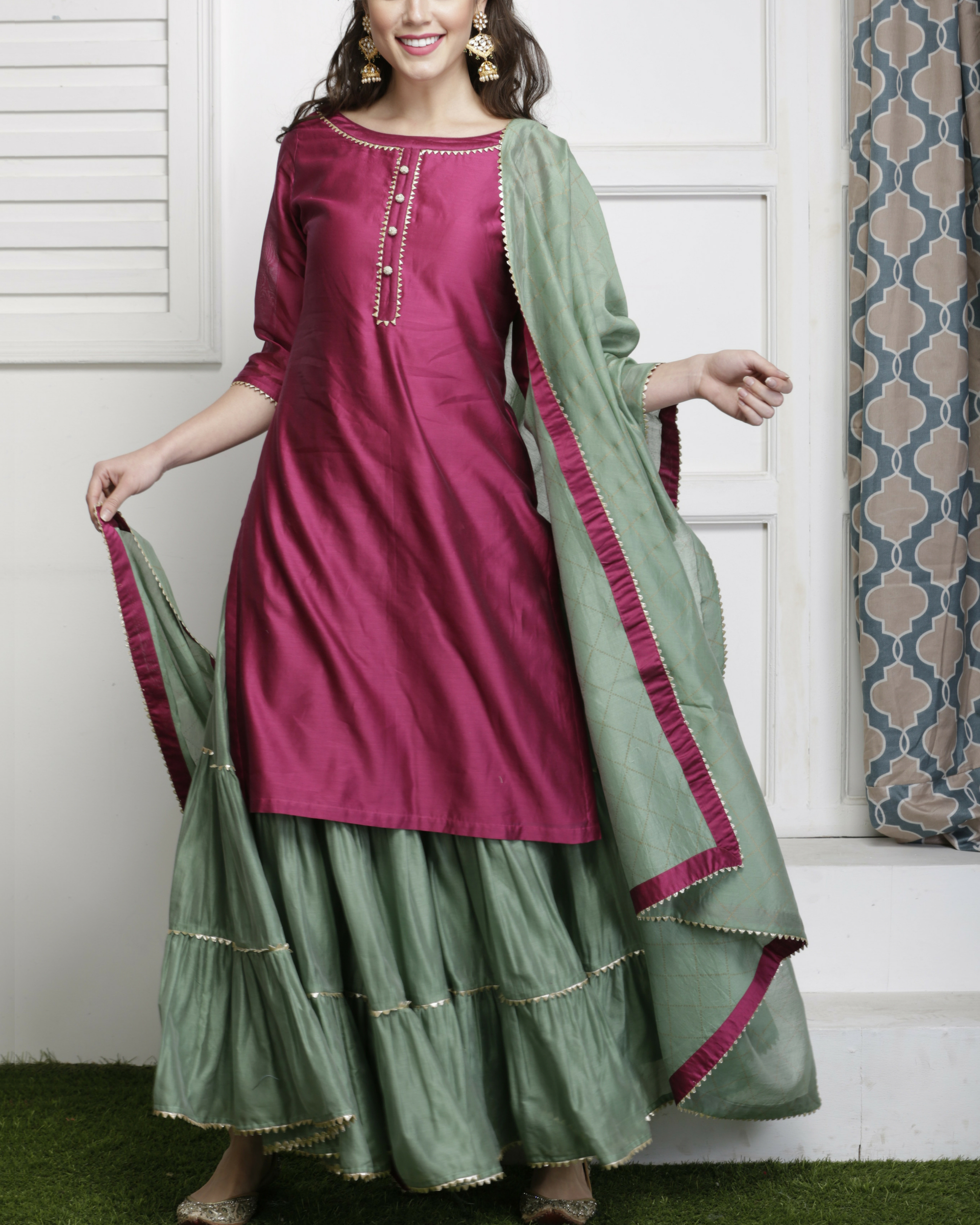 Buy Teal Green Block Printed Chanderi Kurta with Cotton Crushed Skirt and  Red Dupatta  Set of 3 online at T  Fashion Designer dresses indian  Dress indian style