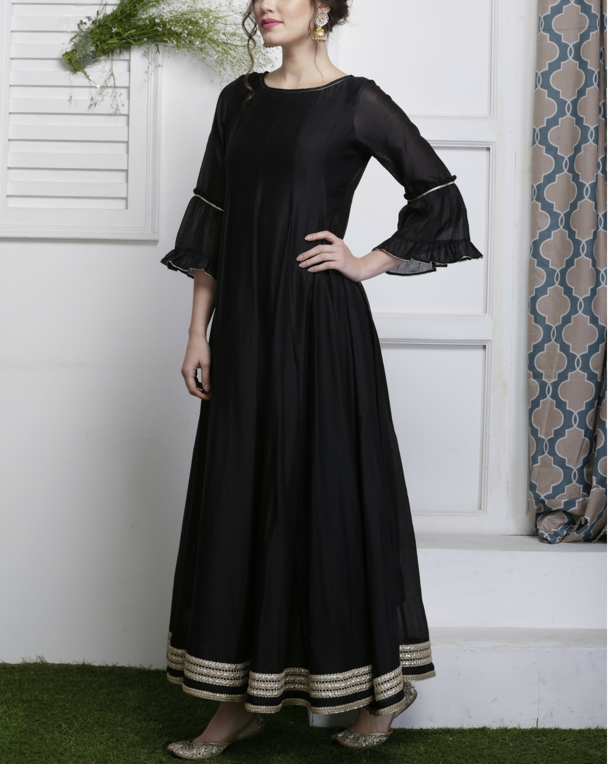 Black Golden Sequence Embroidery Wedding Anarkali Gown  Hijab Online