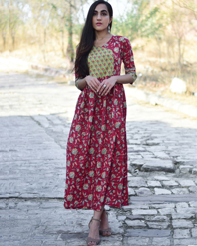 Maroon summer floral dress by Kaaj | The Secret Label
