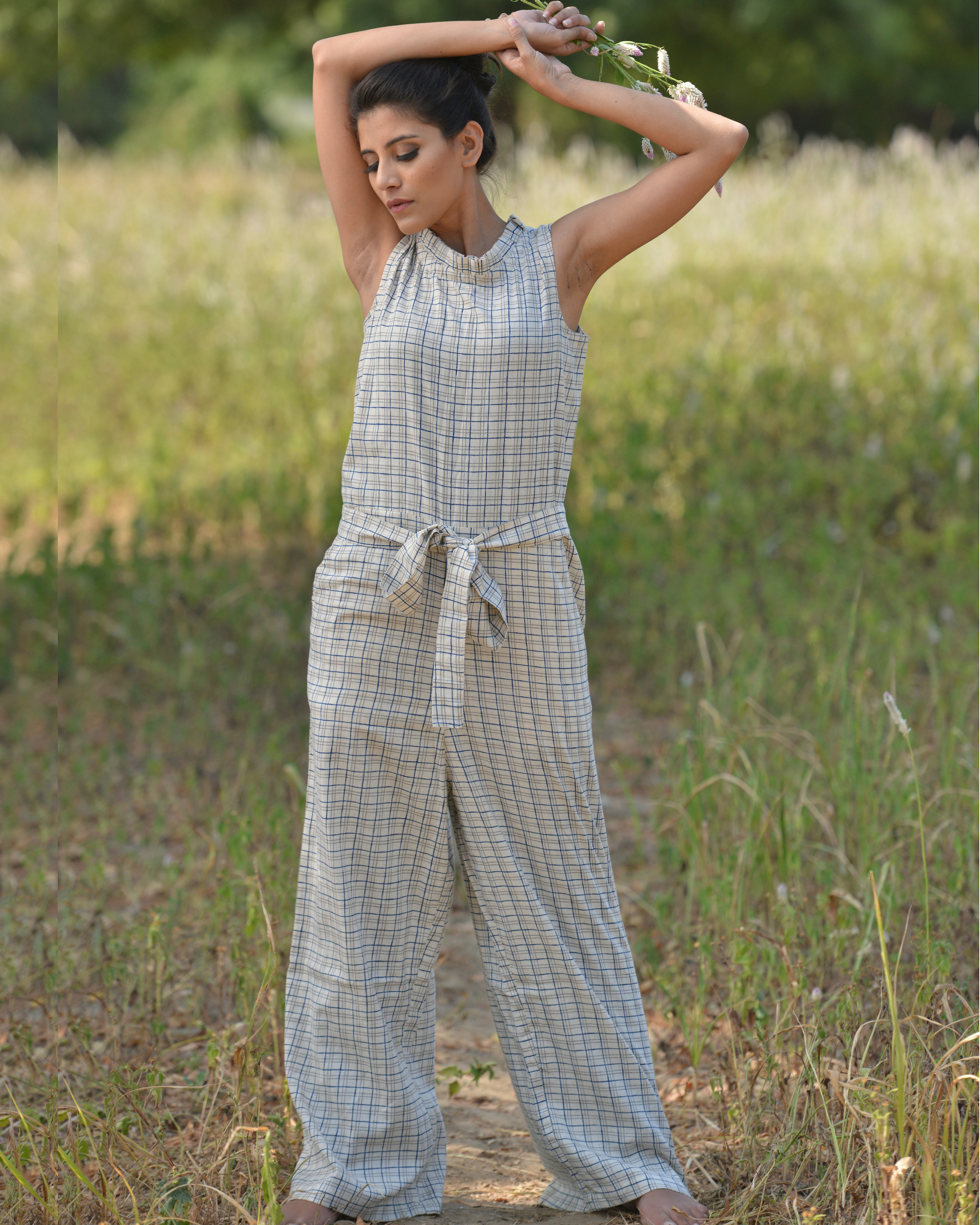 White and blue cotton jumpsuit by Sugandh