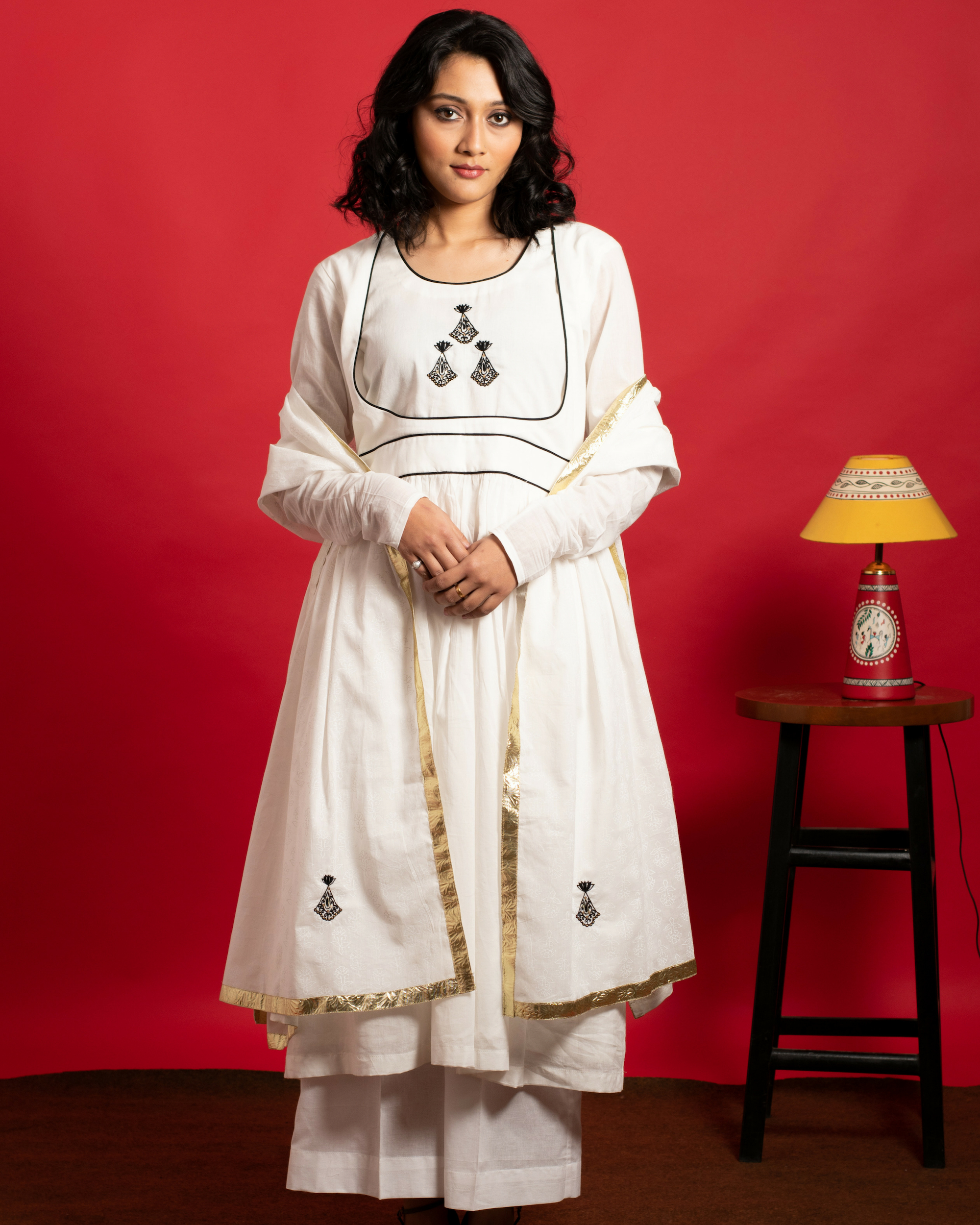 Ivory and Black hand embroidered kurta set with dupatta