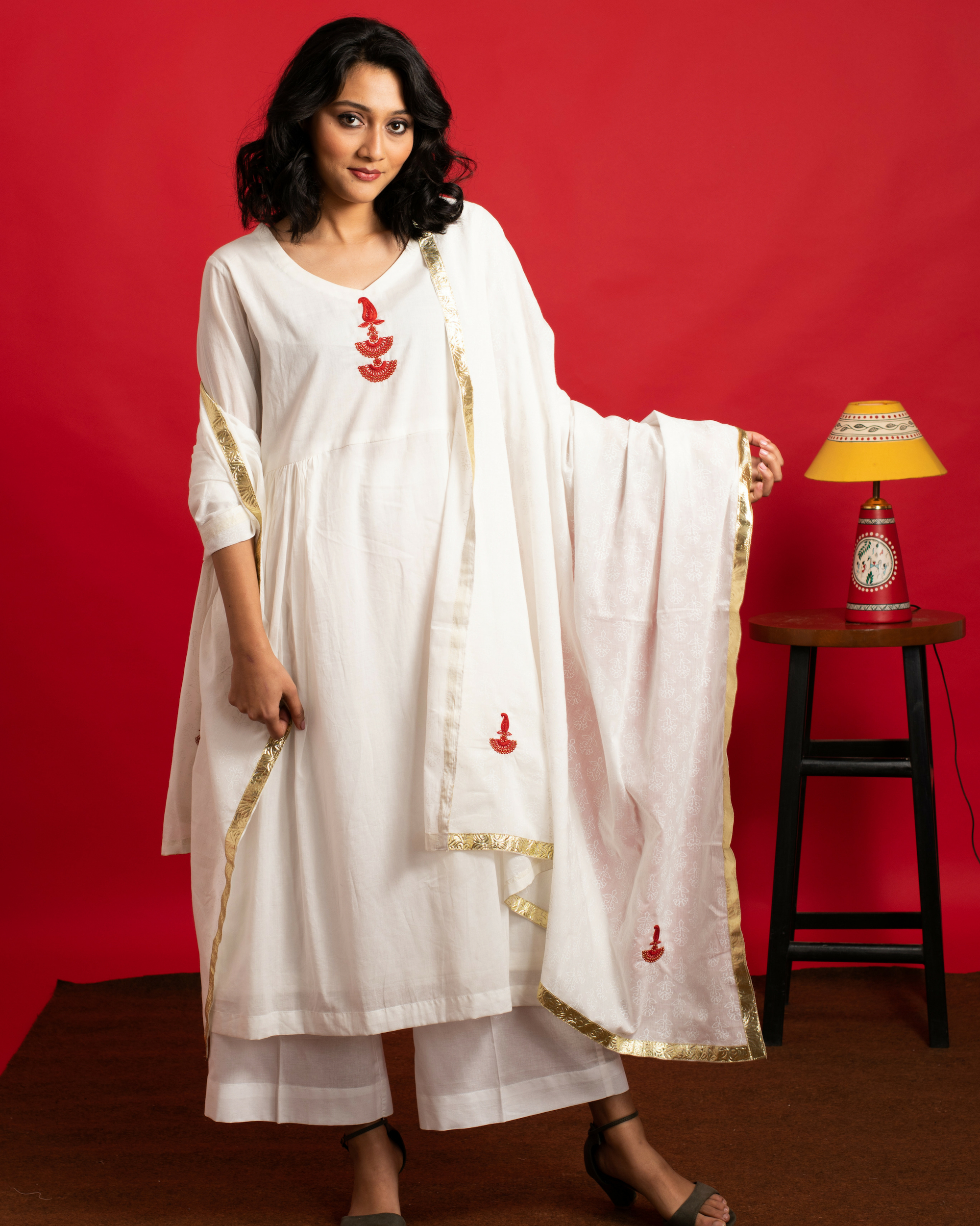 Ivory and Red hand embroidered kurta set with dupatta