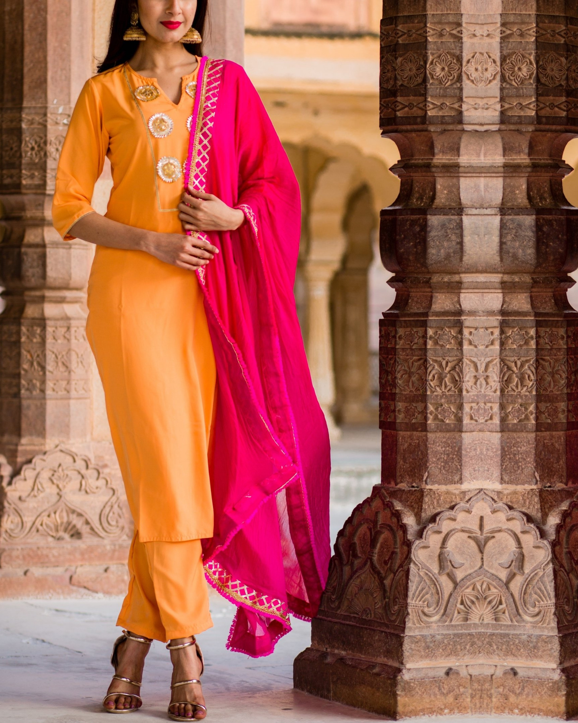 Peach gota embroidered kurta set with dupatta by Thread and Button ...