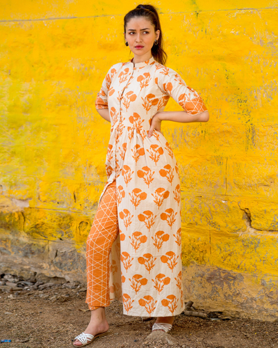 Orange floral cape with pants by Desi Doree | The Secret Label