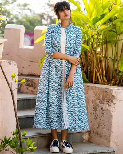 Blue schifi work jacket with dress by Desi Doree | The Secret Label