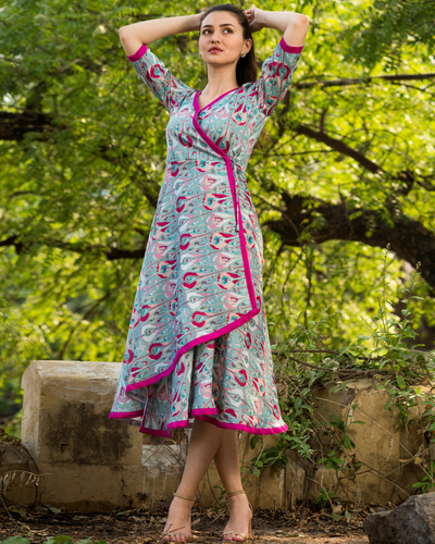 Blue and pink flared wrap dress by Desi Doree | The Secret Label