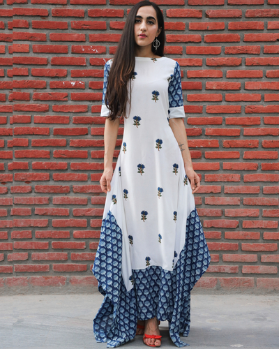 Blue mughal printed cotton dress by Kaaj | The Secret Label