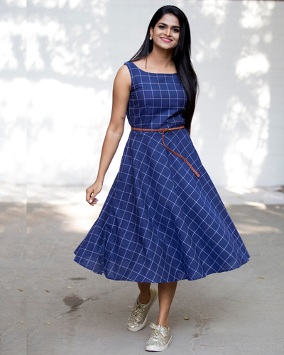 Buy FRILLSPLEASE CHECKERED BLUE MAXI DRESS for Women Online in India