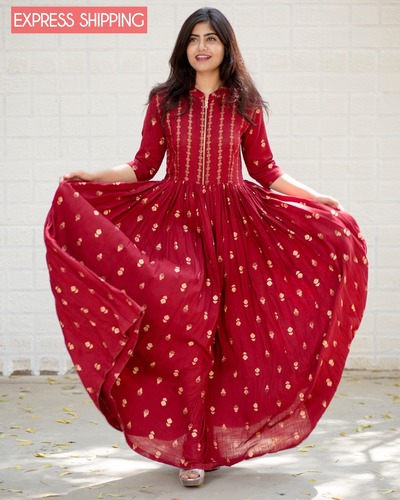 Red block printed flared dress by The Anarkali Shop | The Secret Label