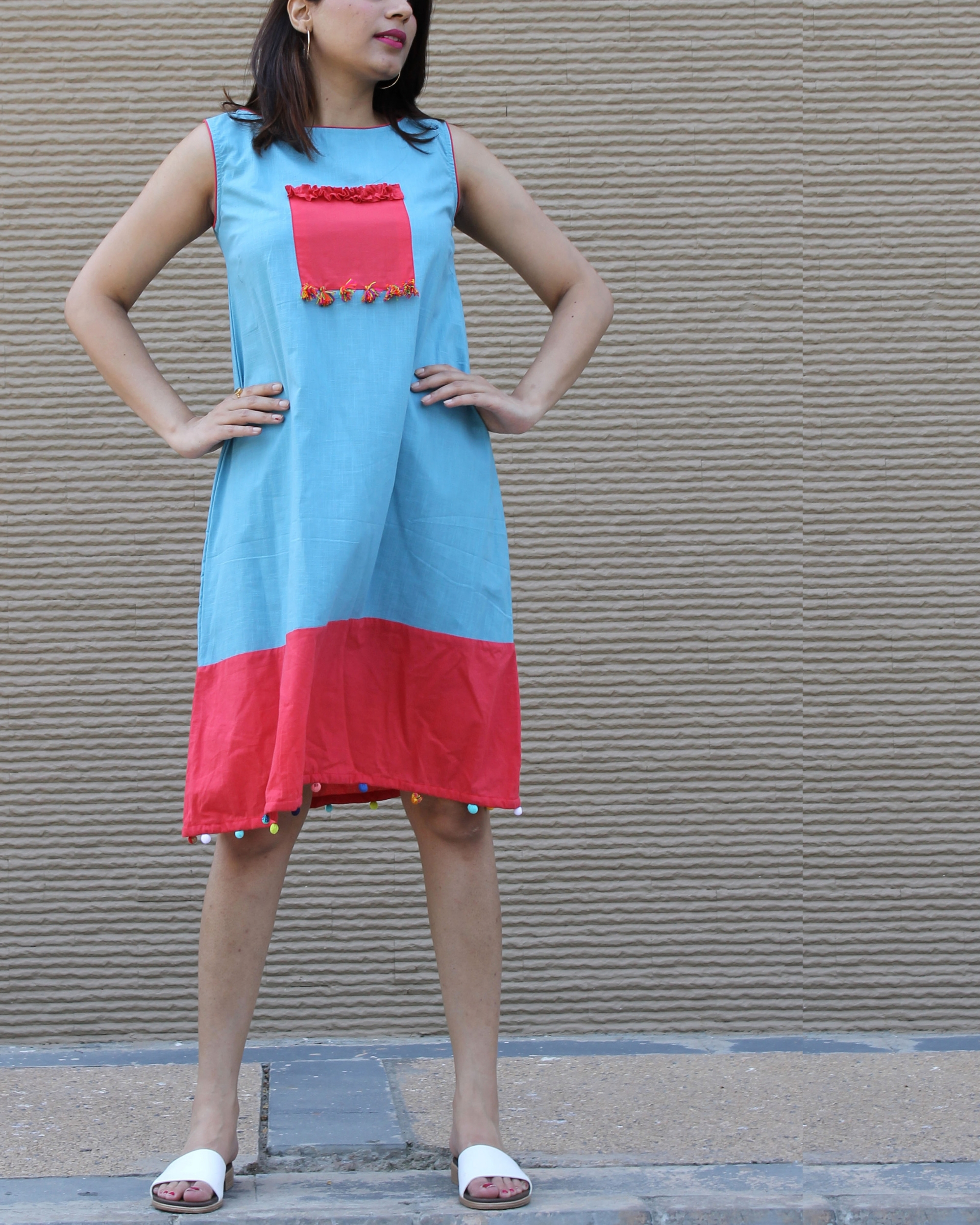 Blue A-line dress with patchwork